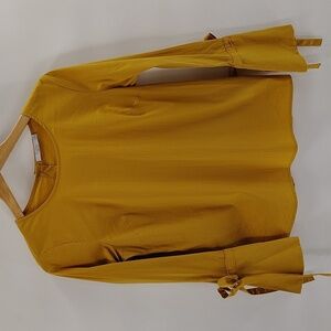 Dalia Mustard Yellow Gold Button Back Blouse Size Small Tie Button Wide Sleeves